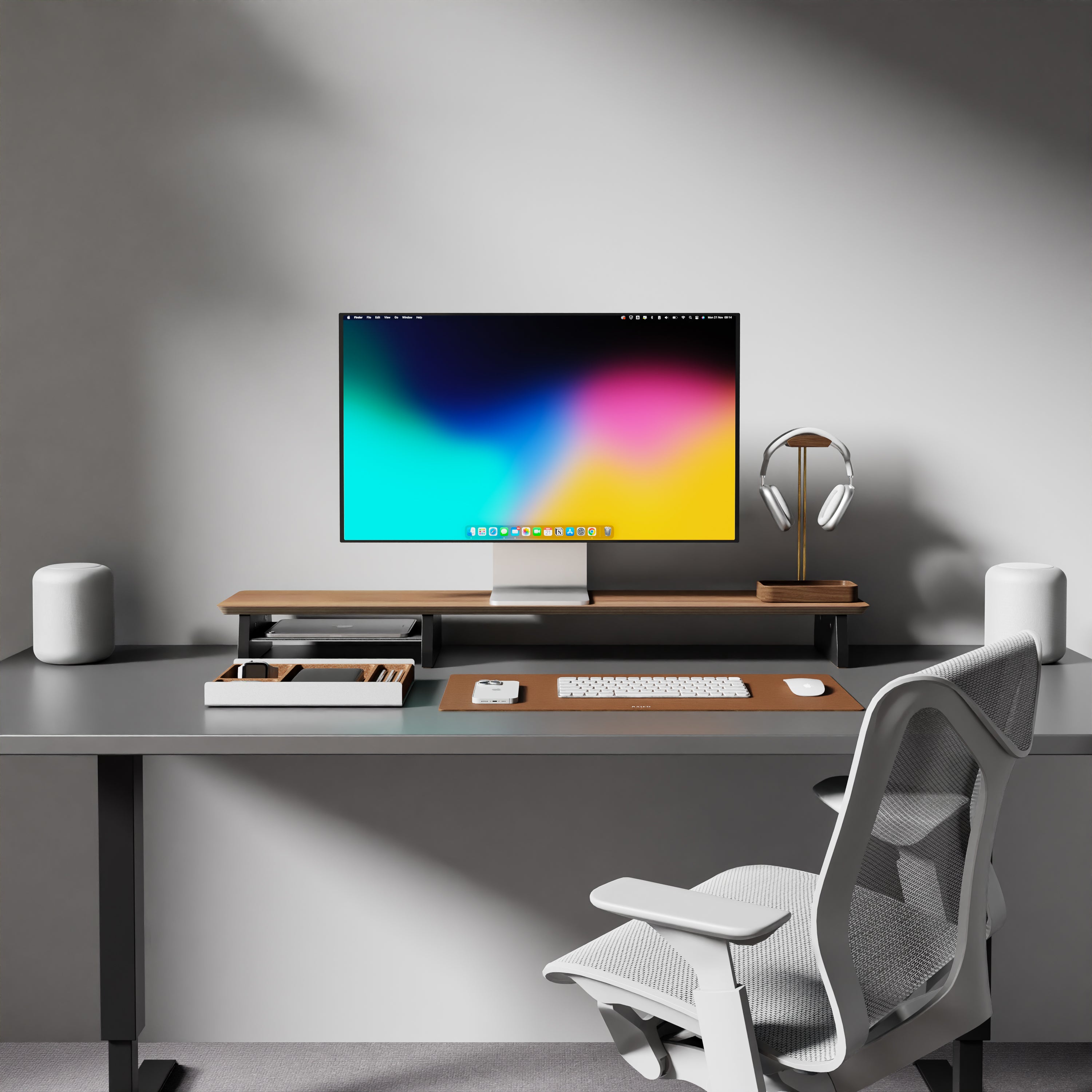 small tan brown leather desk mat with grovemade deskshelf system