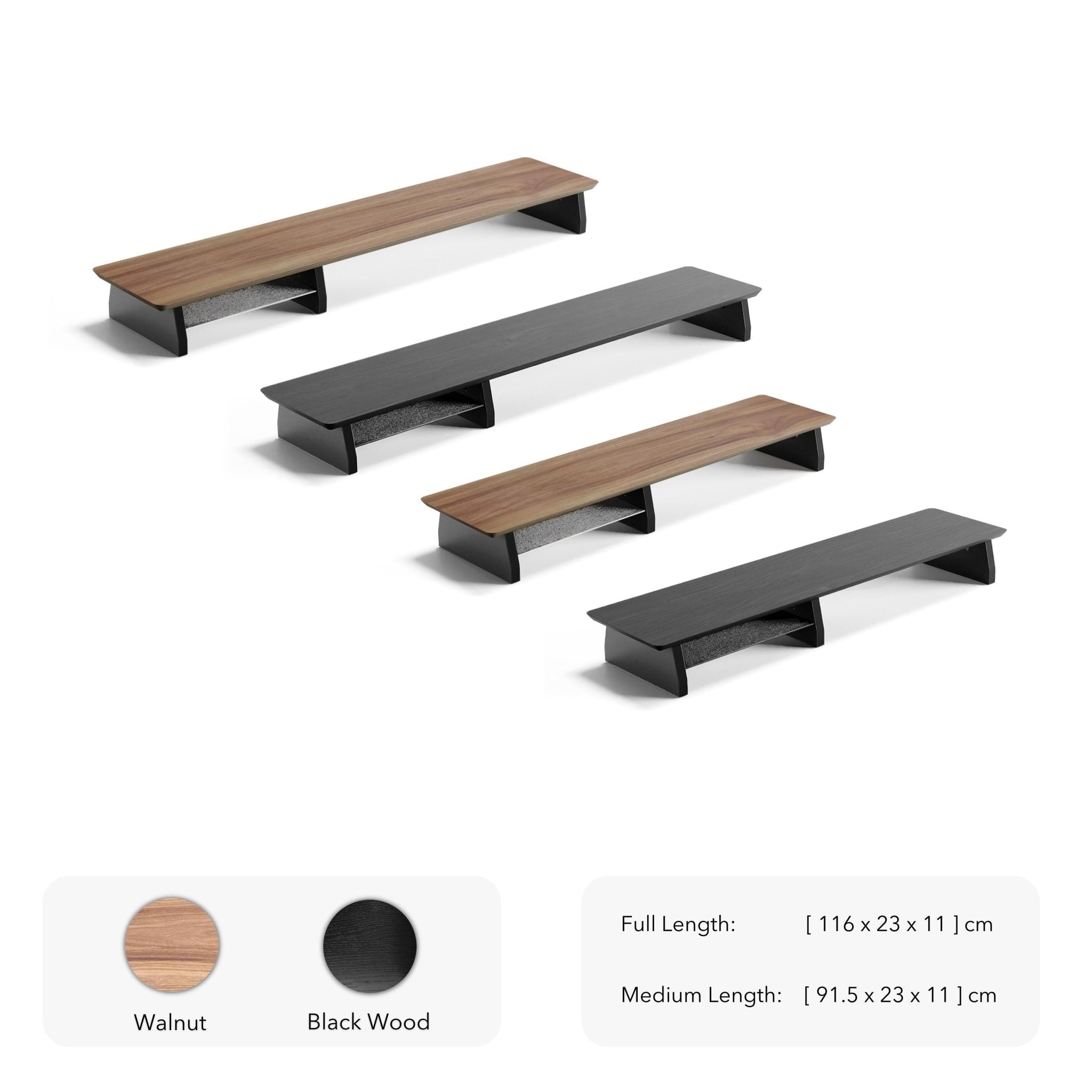 Raico desk shelf for monitor stand is available in 2 colours; walnut and black. Raico monitor stand also comes in 2 different sizes; Full length in 116 cm width and medium size 91.5 cm width