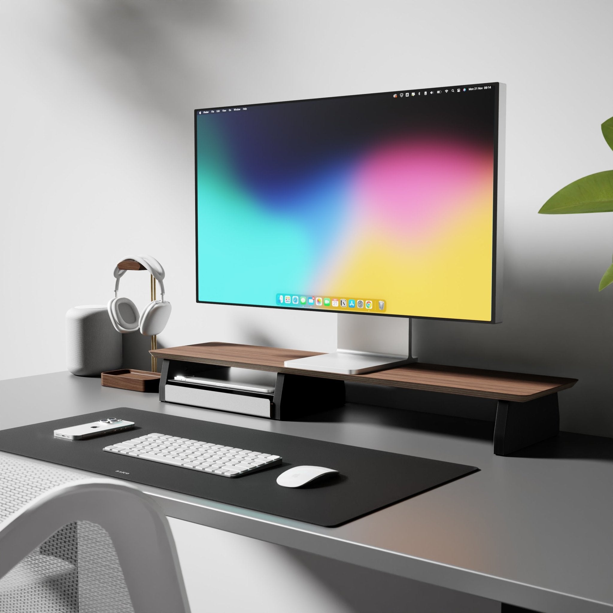 Medium Raico Desk Shelf for Monitor Stand with a storage drawer. A walnut headphone  stand and a large black leather desk mat 