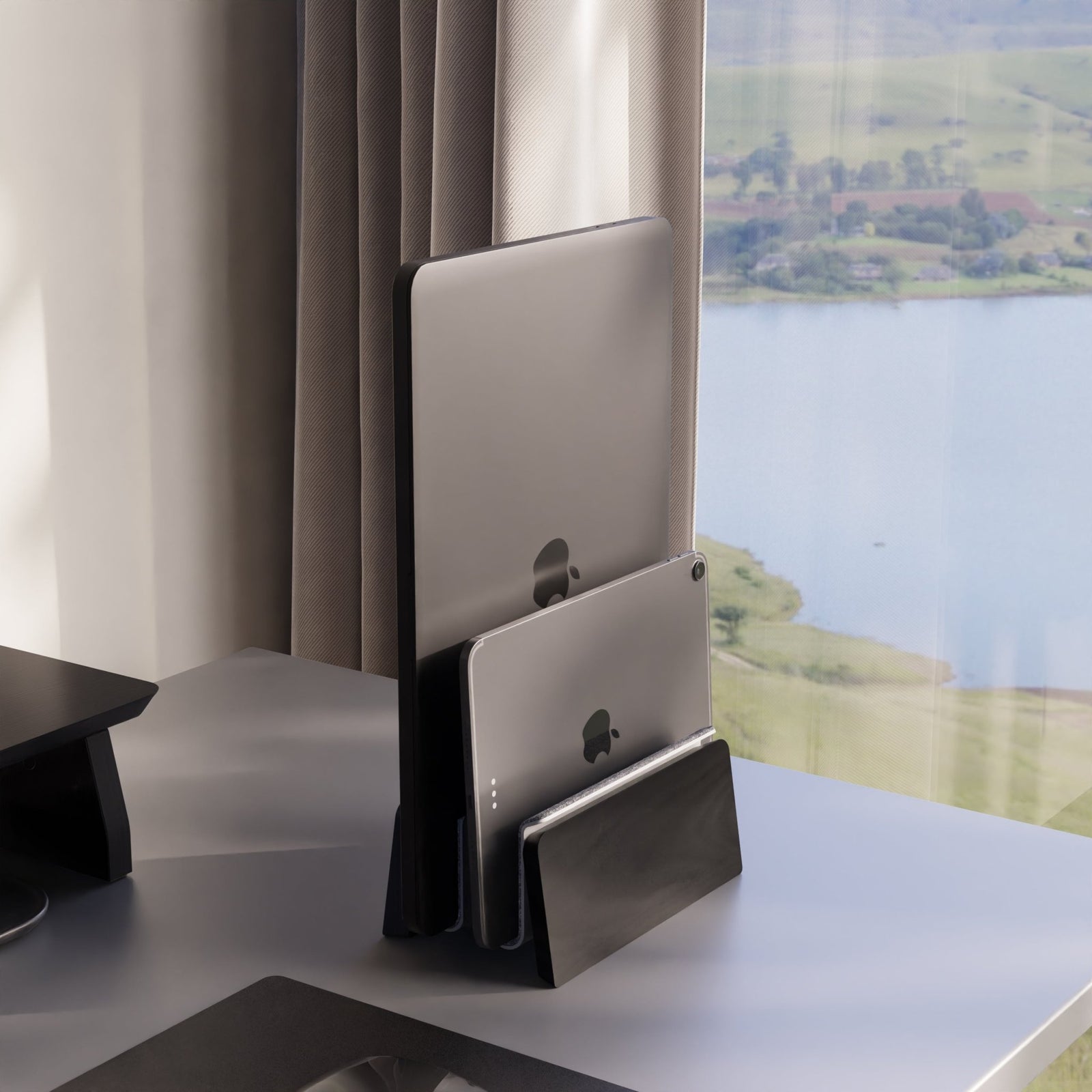 Vertical Laptop Stand Clamshell Holder Dual Slot for Macbook Black Wood