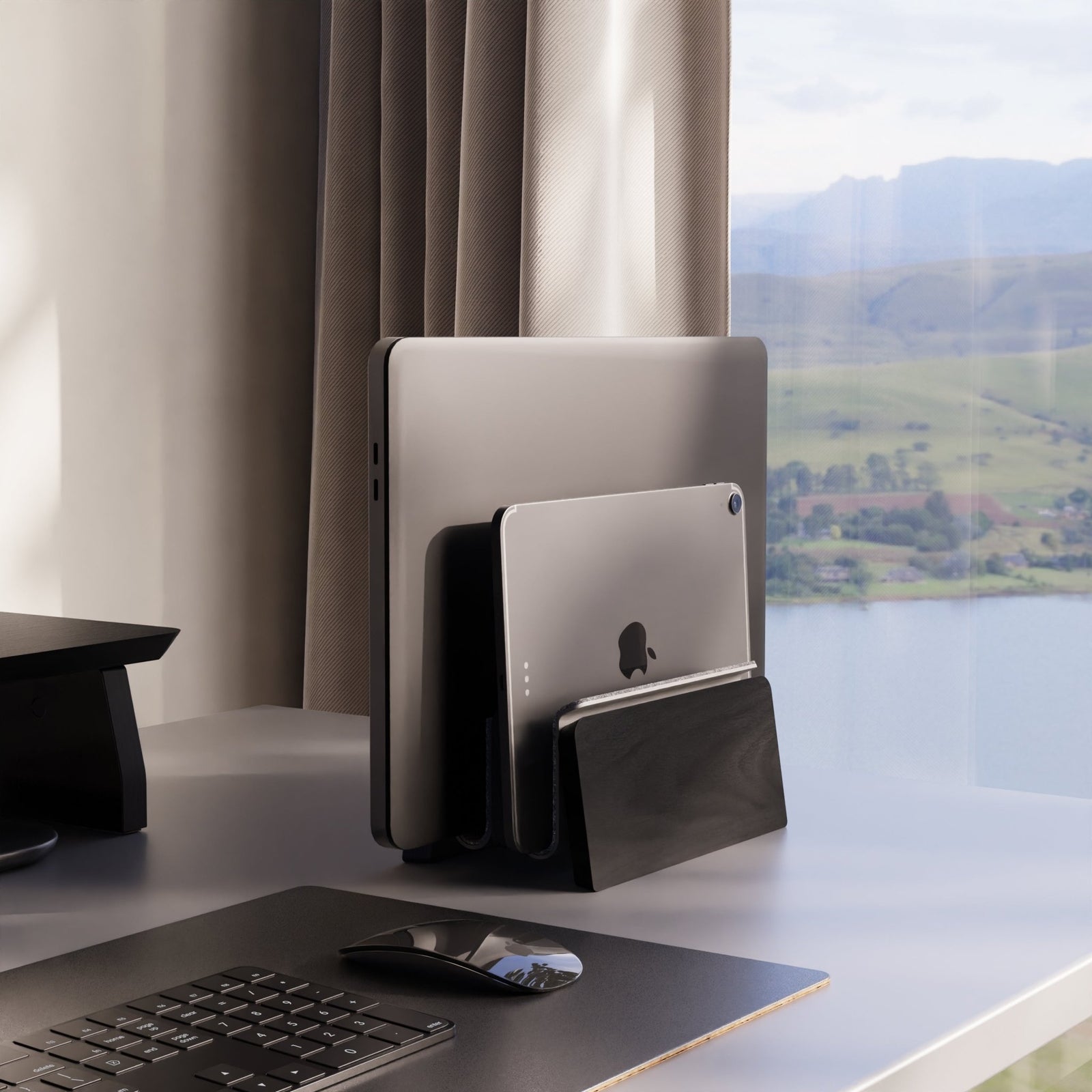 Vertical Laptop Stand Clamshell Holder Dual Slot for Macbook Black Wood