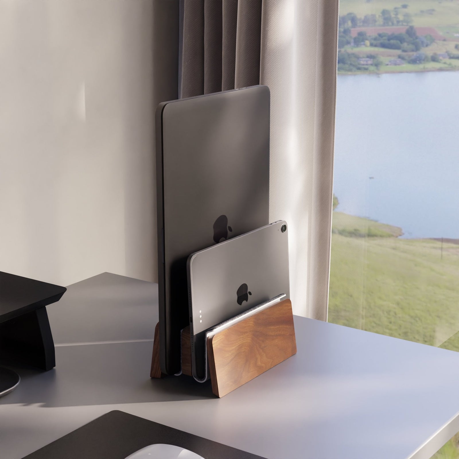 Vertical Laptop Stand Dual Clamshell Holder for Macbook Walnut Wood